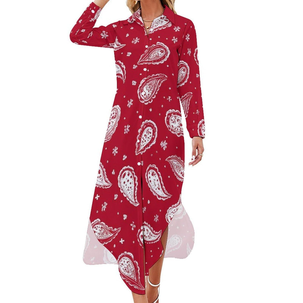 longue à manches longues boutonnée et fendue, style bandana à motif cachemire rouge