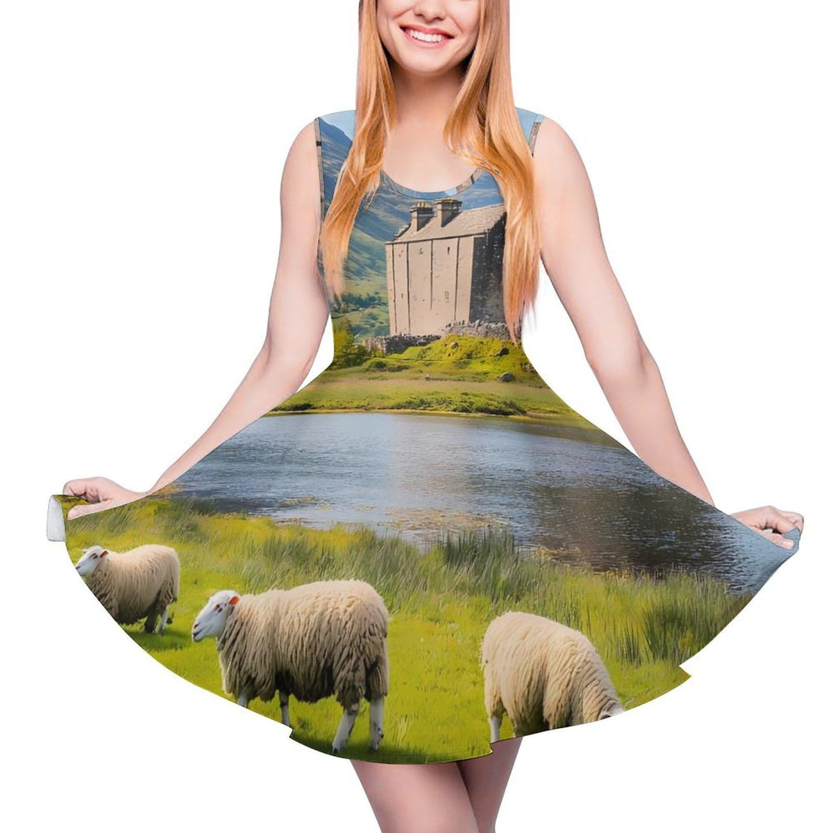 d'été décontractée pour femme, motif moutons des Highlands écossaises, sans manches, style plage. Débardeur/robe d'été.